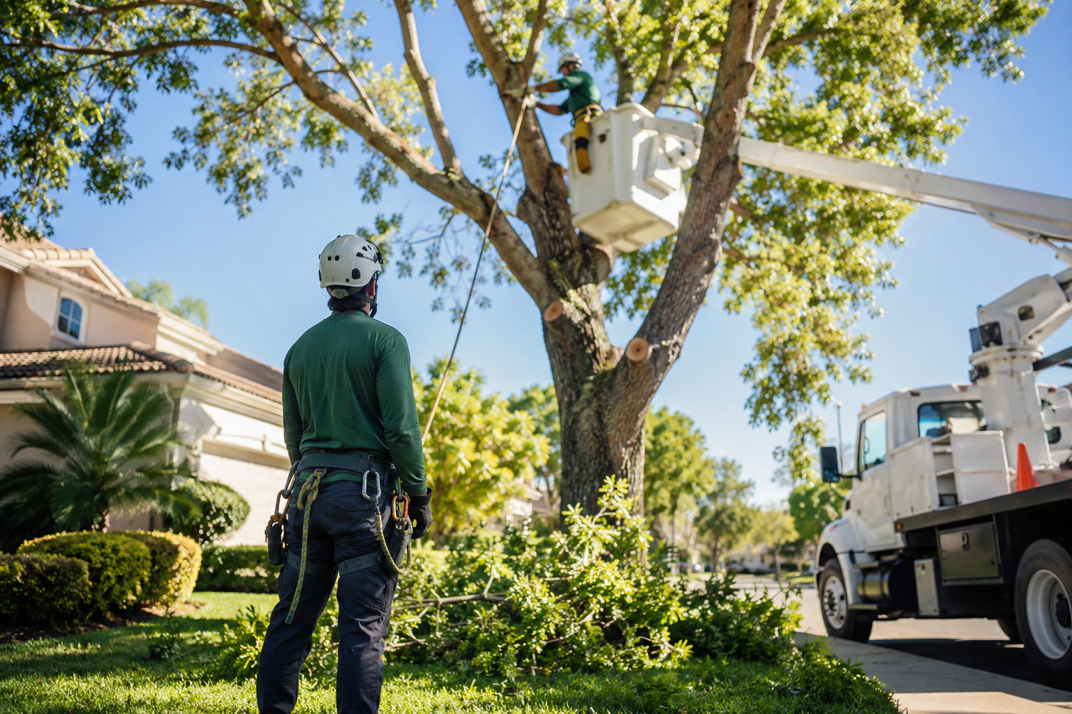 Tree service Valencia professionals pruning a large residential shade tree in a clean suburban neighborhood near a home and driveway