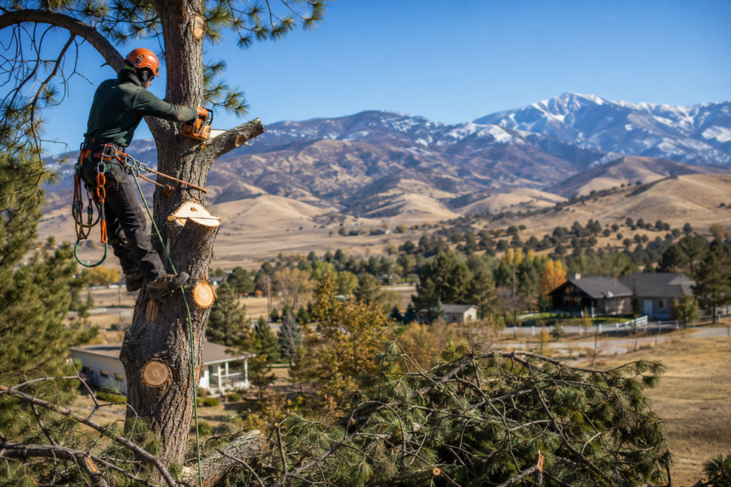 tree service Tehachapi crew trimming large pine tree near rural mountain property in Tehachapi Valley