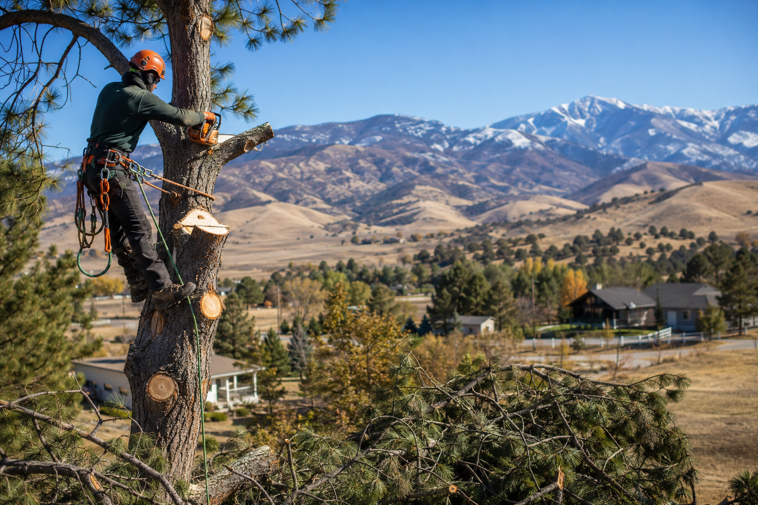 tree service Tehachapi crew trimming large pine tree near rural mountain property in Tehachapi Valley