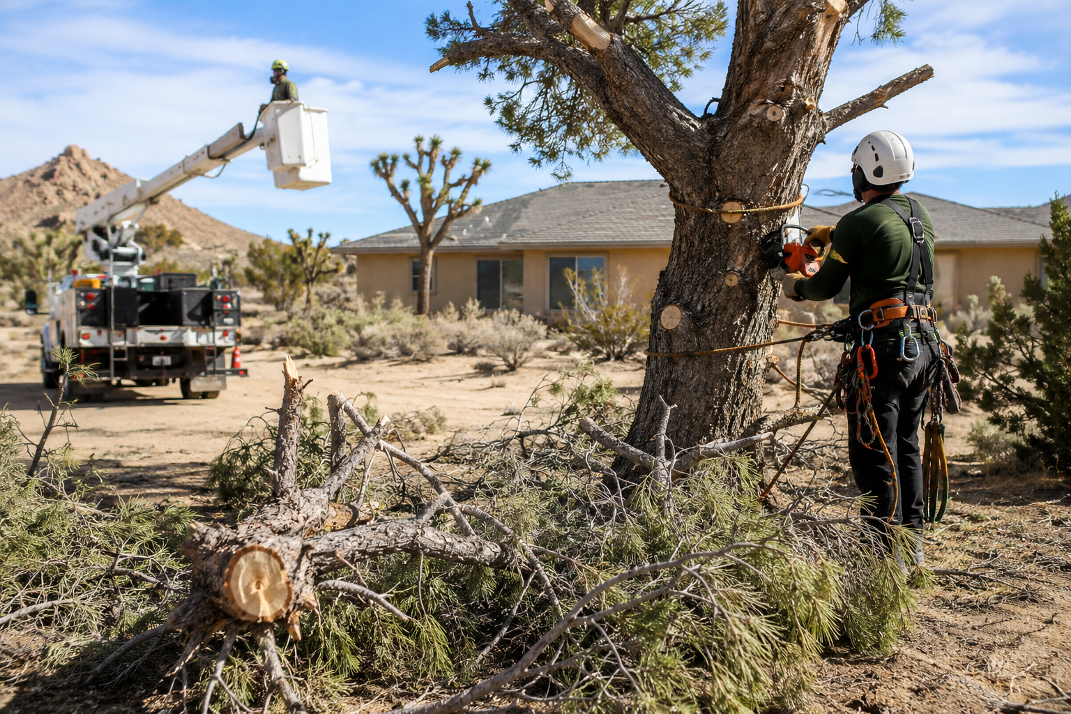 tree service Mojave CA professional emergency tree removal in desert landscape with workers cutting large damaged tree near residential property and utility truck in background