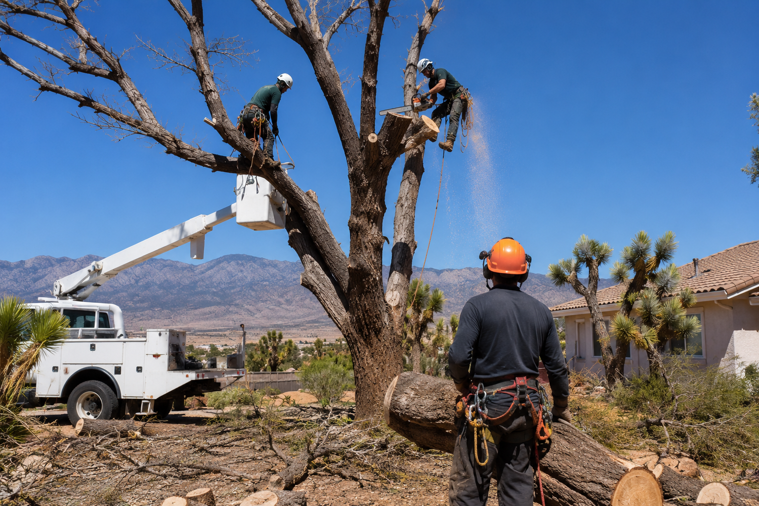 Professional tree service Hesperia CA crew removing a large hazardous desert tree near a residential property safely and efficiently