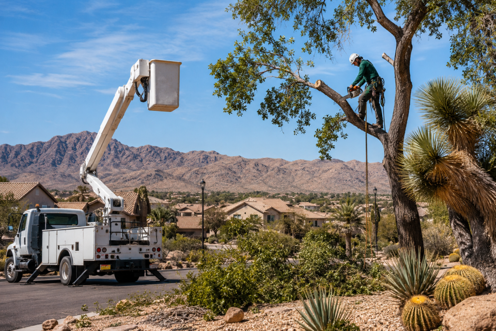 tree service Apple Valley crew pruning desert trees near residential homes in high desert landscape