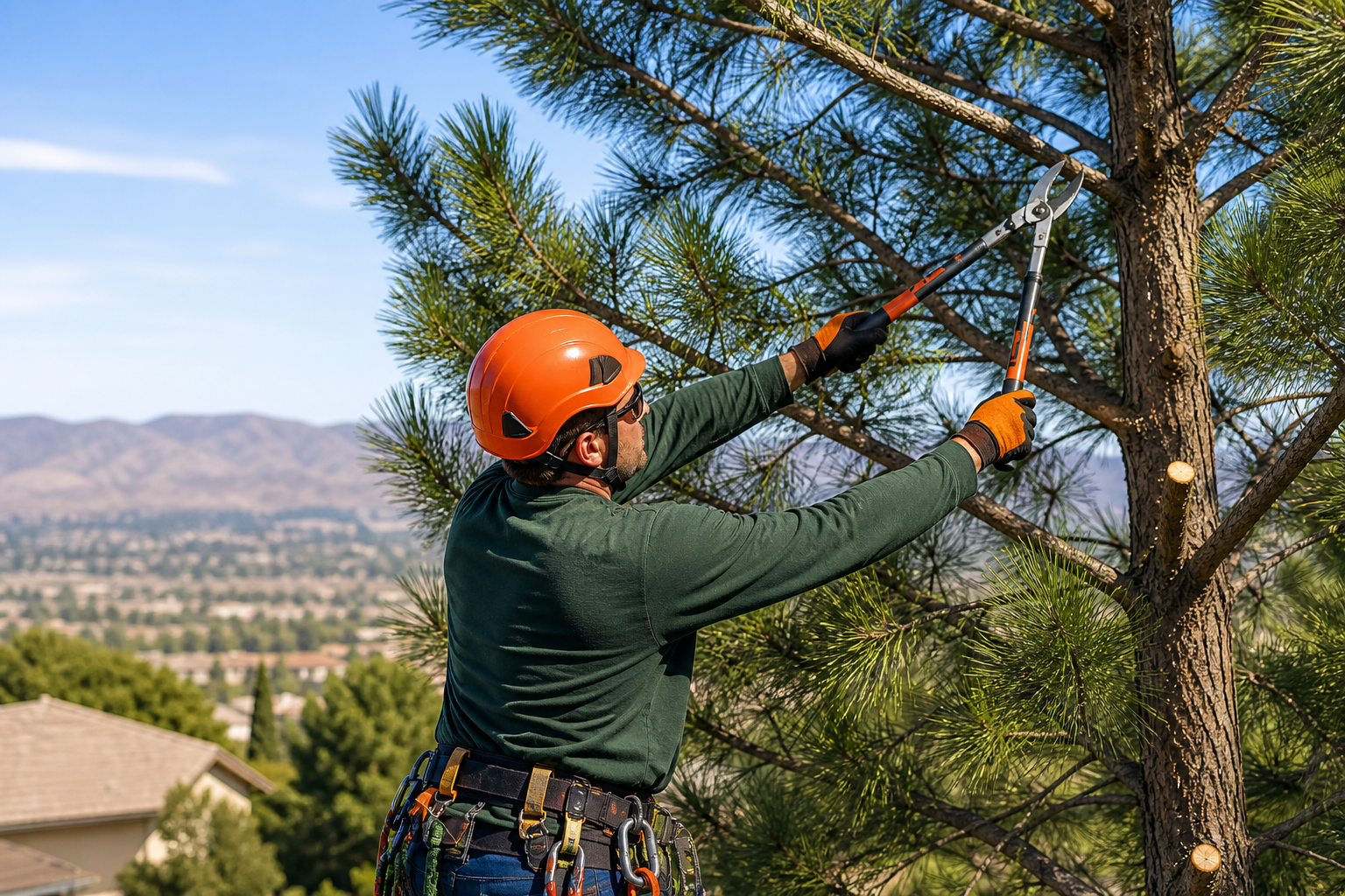 Pine tree pruning in Antelope Valley backyard