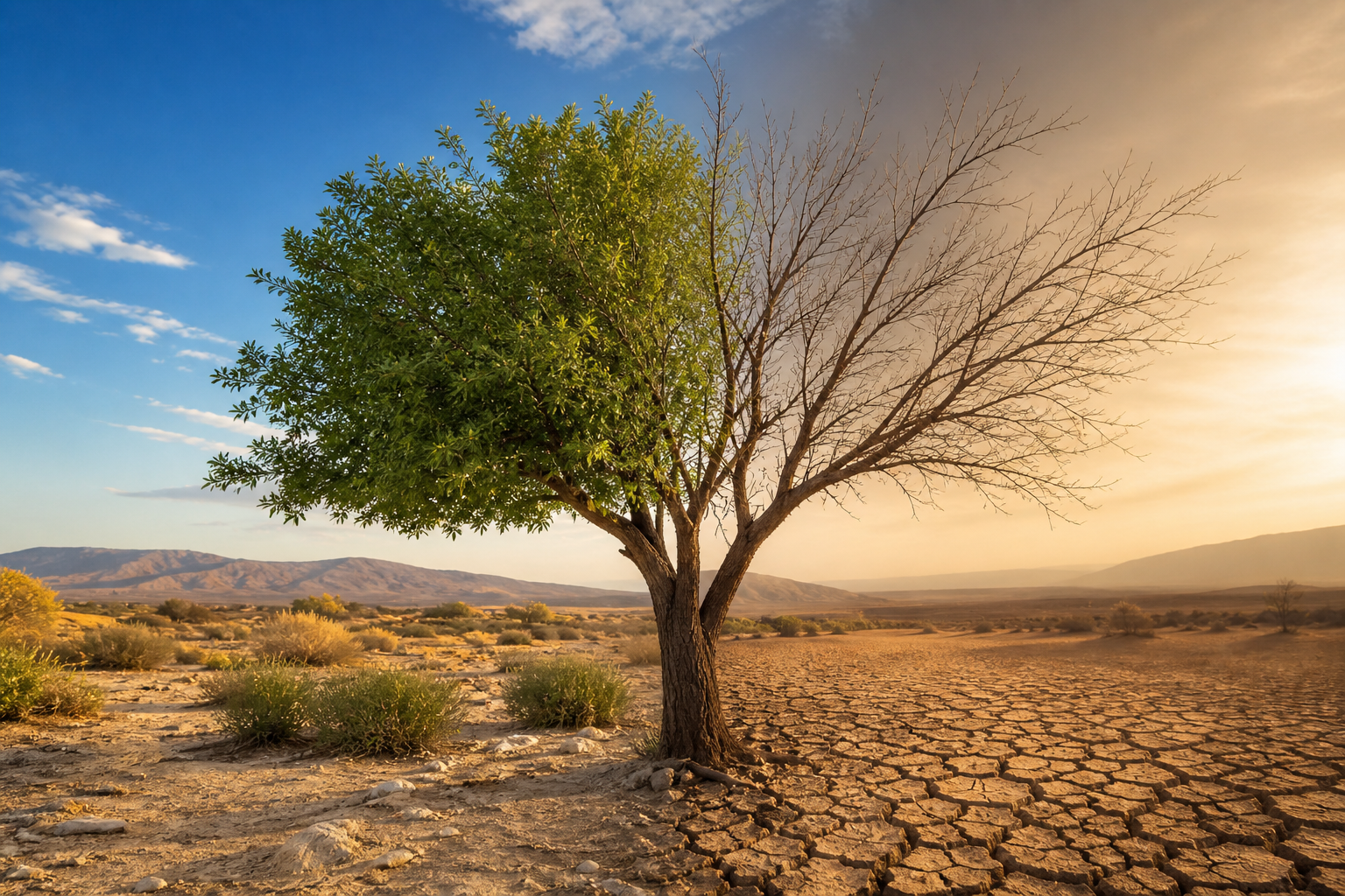 Drought affects desert trees in Antelope Valley CA with visible dry and healthy tree contrast