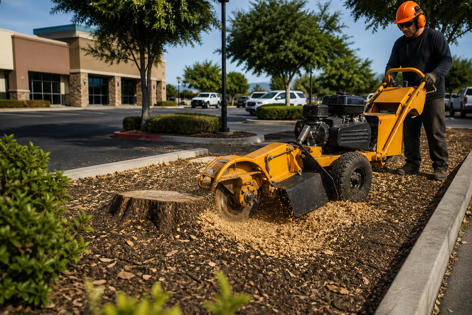 commercial stump grinding in Victorville CA removing tree stump in parking area