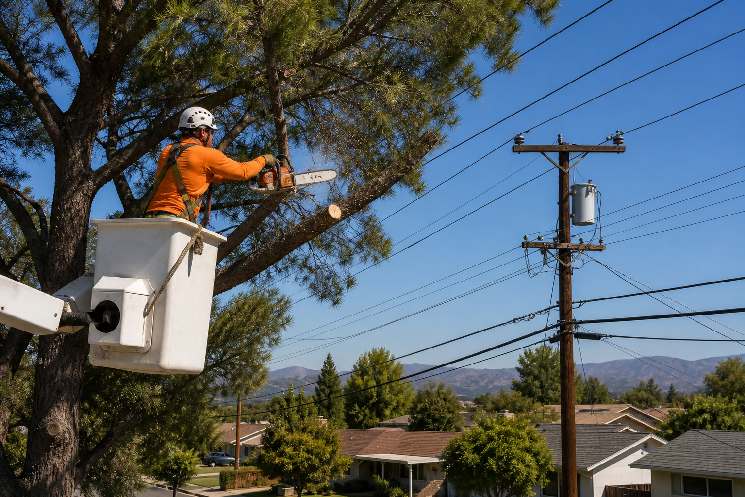 tree removal near power lines in Lancaster and Palmdale CA by professional arborist using bucket truck