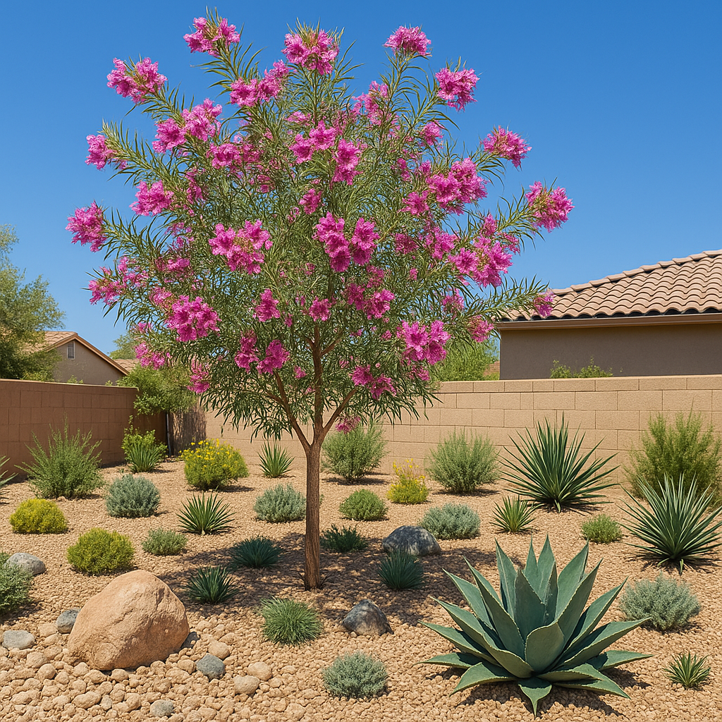 Desert-style backyard in Lancaster, CA featuring a flowering tree with pink blossoms, agave plants, and drought-tolerant landscaping elements.