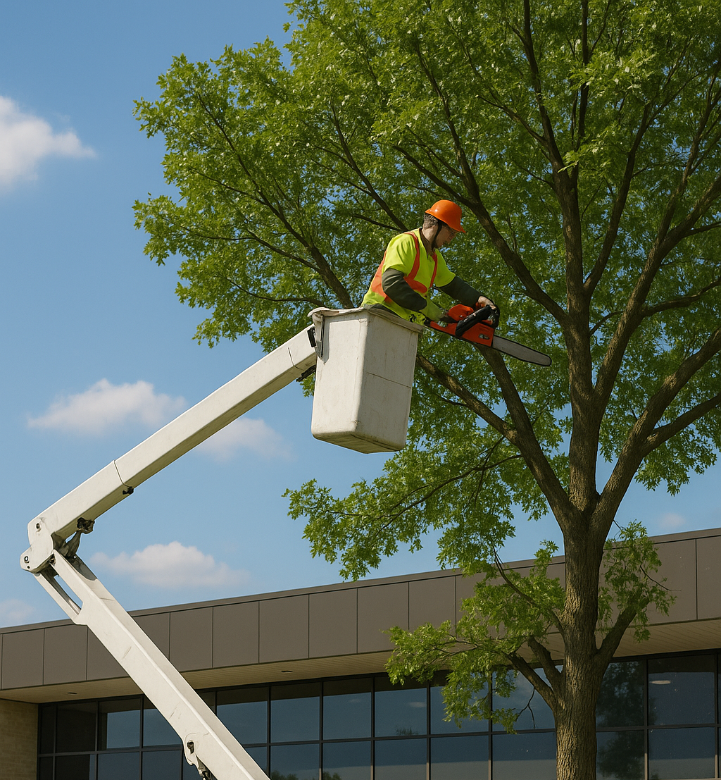 Arborist in safety gear using a chainsaw from a bucket lift to trim a tree near a commercial building.