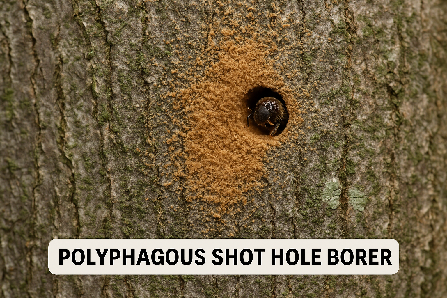 Invasive Species Are Quietly Killing Your Trees: Close-up of a Polyphagous Shot Hole Borer emerging from a tree trunk with visible frass and bark damage