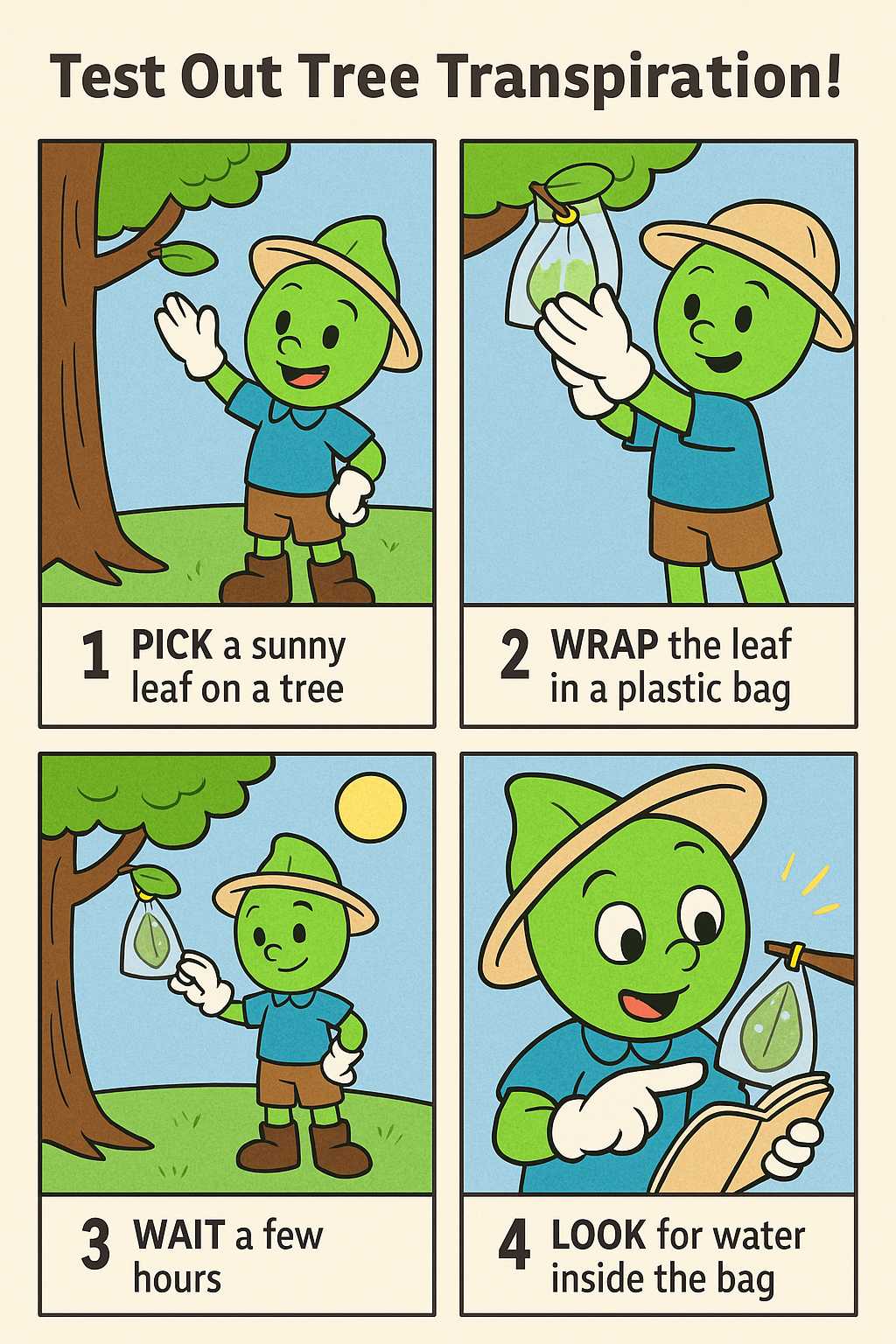 Sprout & the Tree That Stayed Cool- Tree transpiration experiment for kids illustrated in a four-panel comic strip with a green character named Sprout showing how to pick a leaf, wrap it in a bag, wait, and observe water droplets.