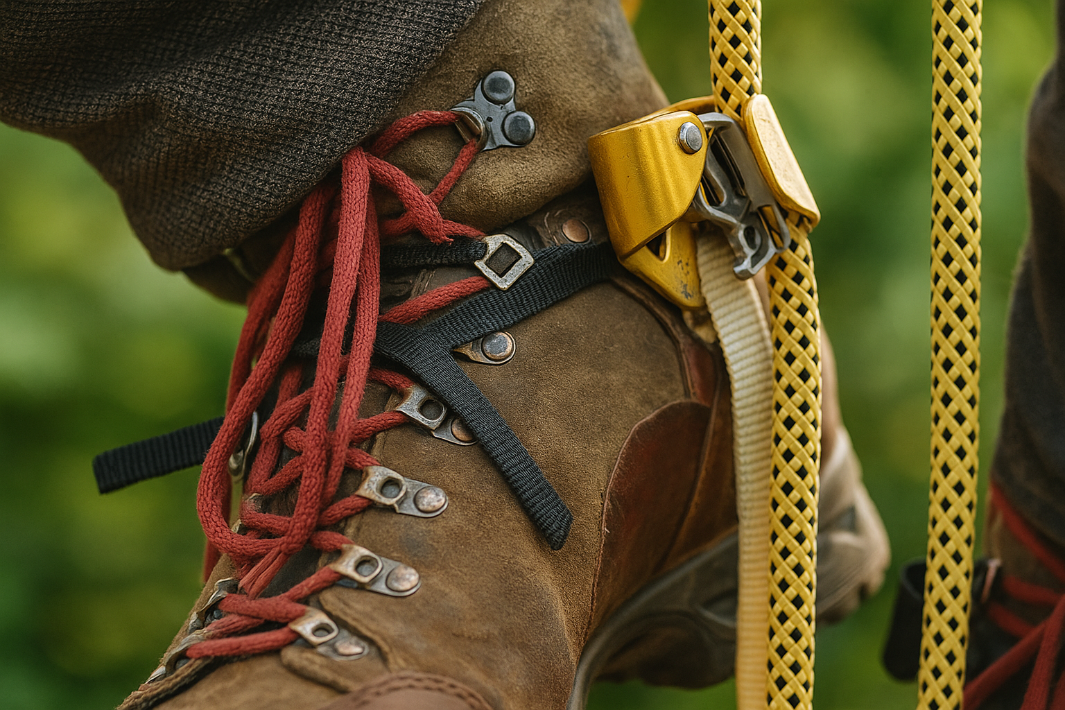 Foot Ascender Jamming close-up showing an arborist’s boot with red laces and a gold rope ascender gripping a yellow climbing rope during daylight.