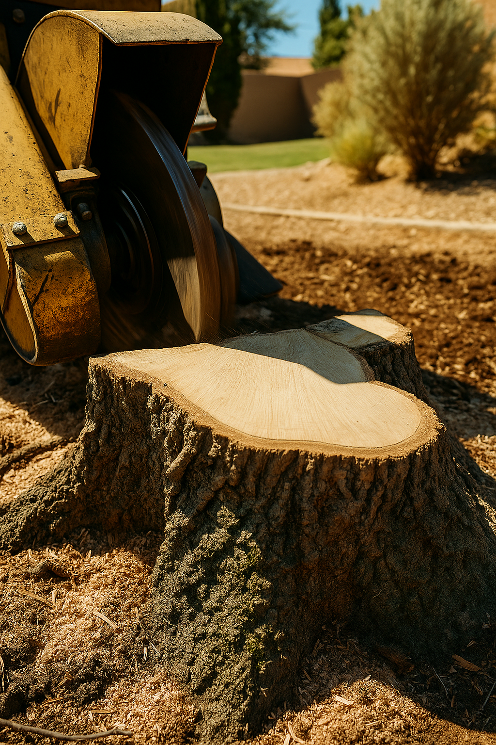 is stump removal necessary- stump grinding machine in action removing tree stump in Lancaster CA yard