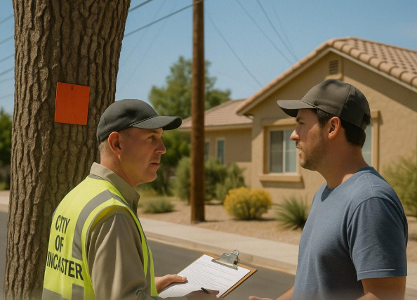 tree permits Lancaster ca- city official discussing tree removal permit with homeowner in Lancaster CA
