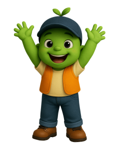 Animated green character mascot wearing a blue cap, orange safety vest, and brown boots with arms raised and smiling