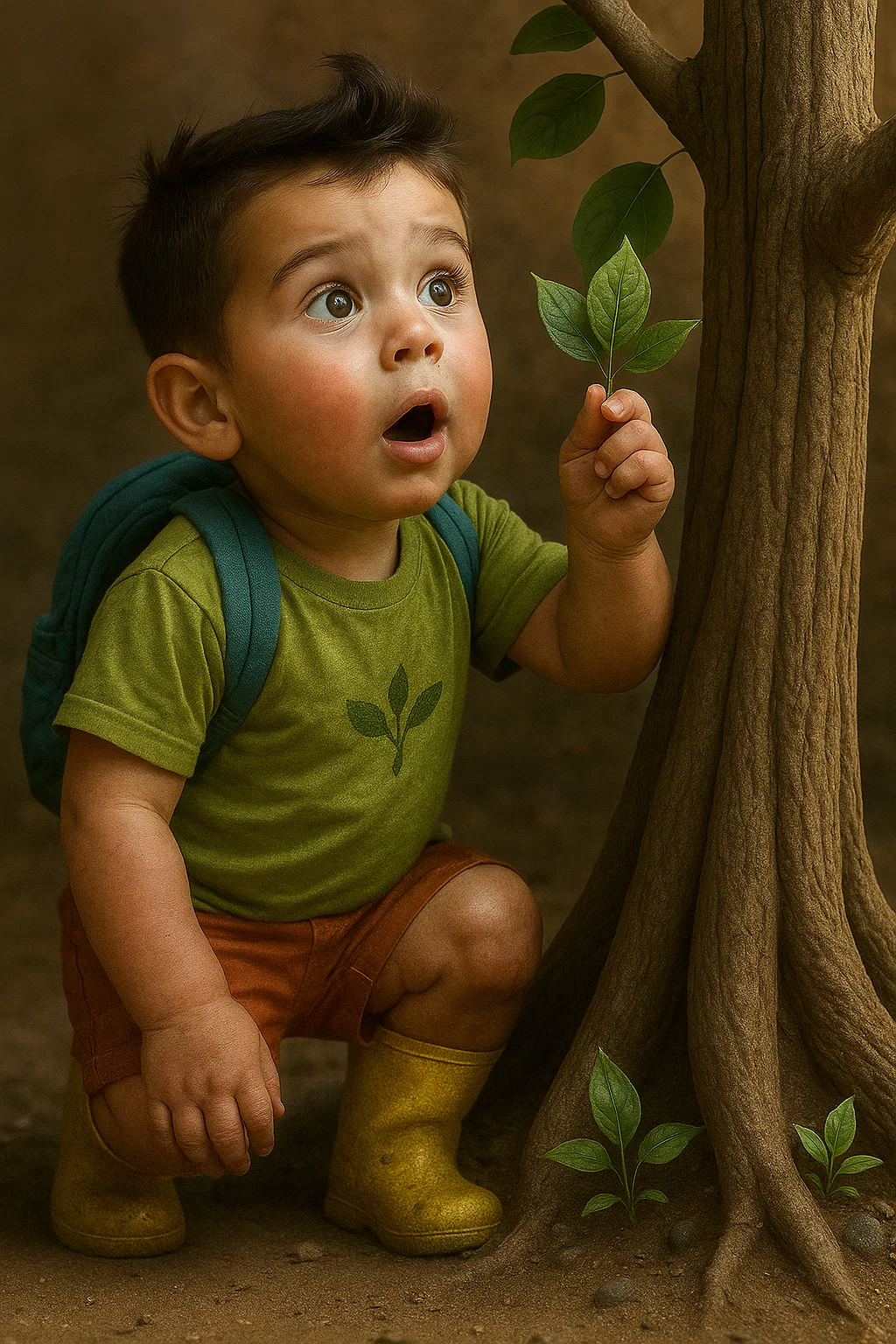 Young boy amazed by a leaf while exploring near a tree.