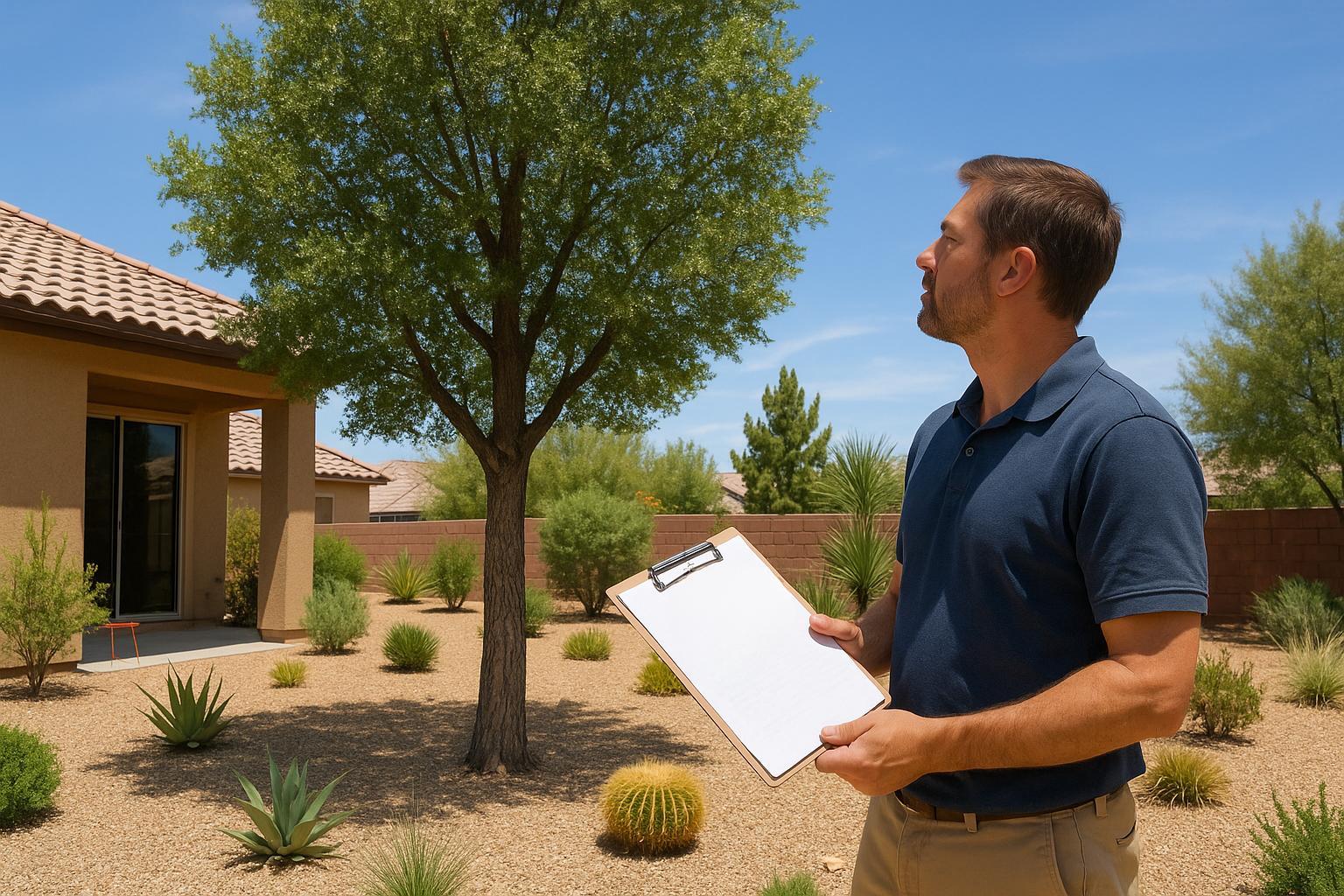 Homeowner checking permit paperwork near a tall oak tree in Lancaster backyard.