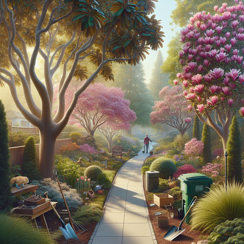 A peaceful garden pathway surrounded by blooming pink Magnolia trees, lush greenery, and garden tools, with a person tending the landscape in the distance.